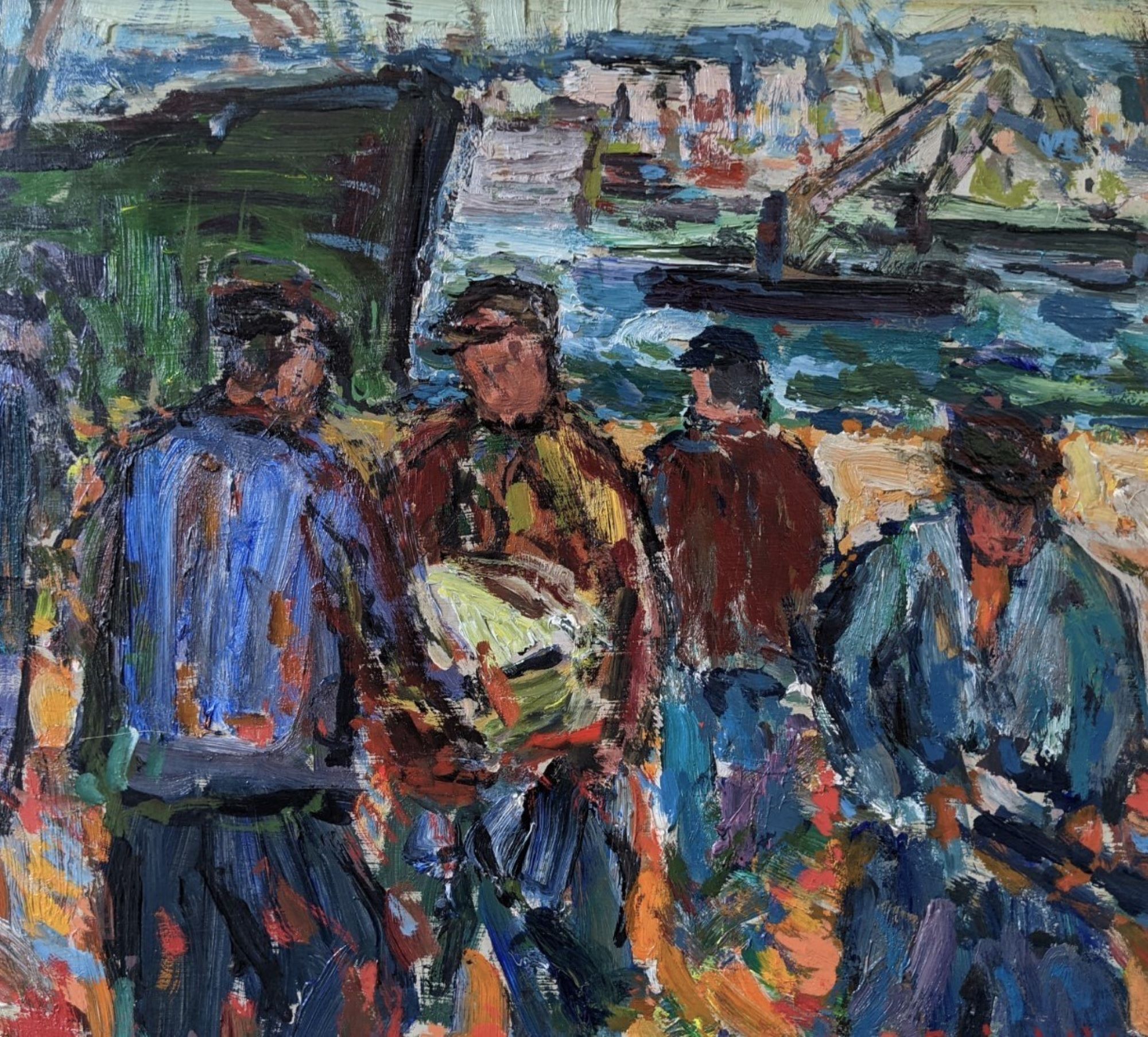 Mid-Century Modern Swedish "Coastal Dock" Vintage Figurative Oil Painting, Framed