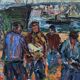 Mid-Century Modern Swedish "Coastal Dock" Vintage Figurative Oil Painting, Framed