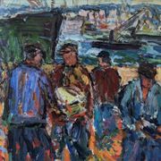 Peinture à l’huile figurative vintage suédoise « Coastal Dock » du milieu du siècle, encadrée