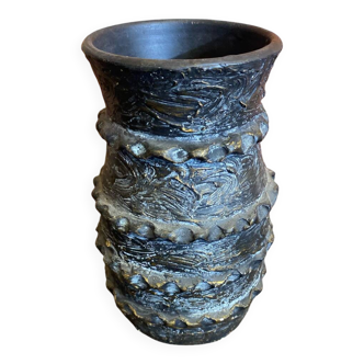 Vintage 1970s Black Ceramic Vase from VALLAURIS #D695