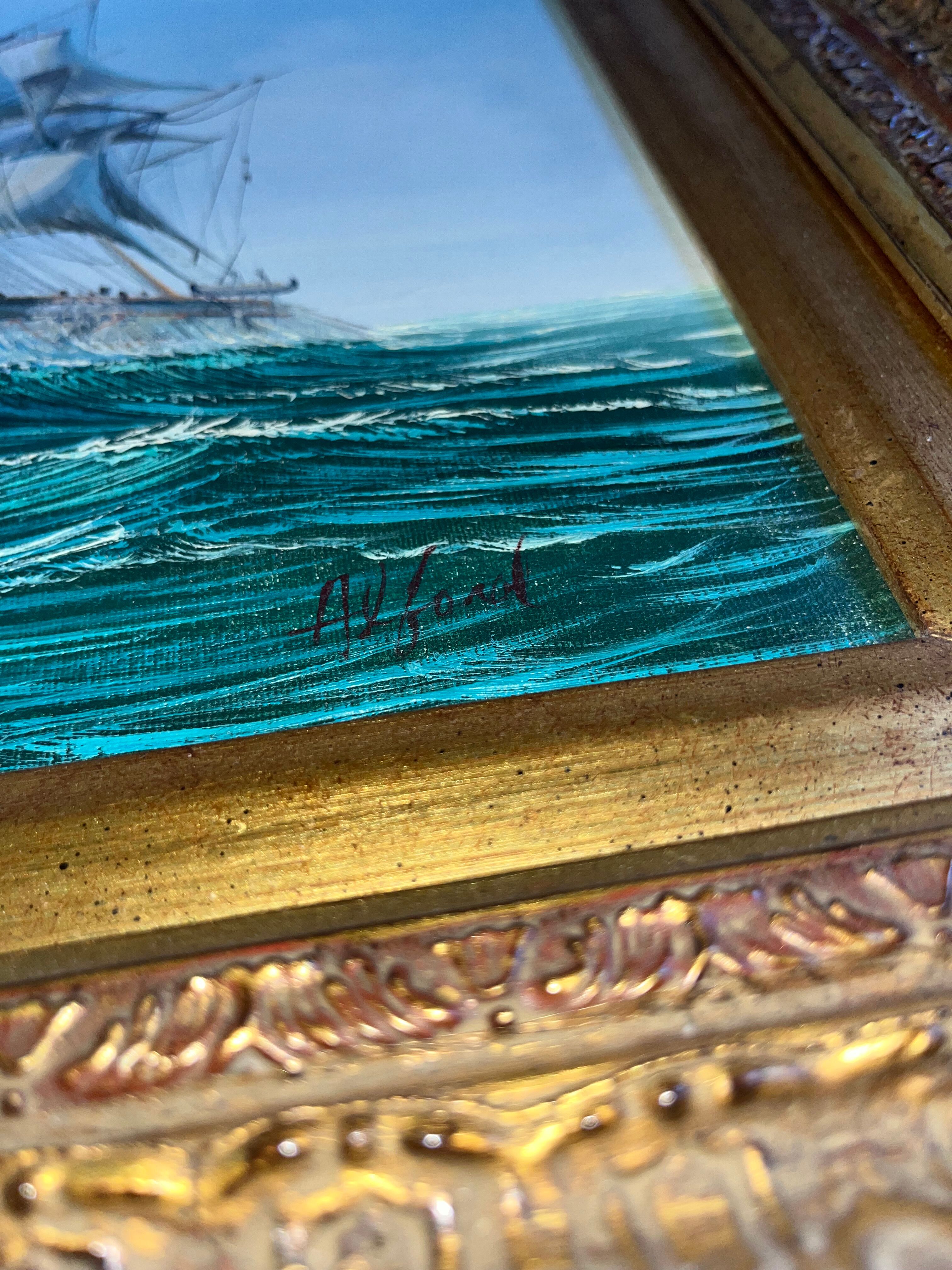 Maritime tableau 3 masts gold frame, sculpted