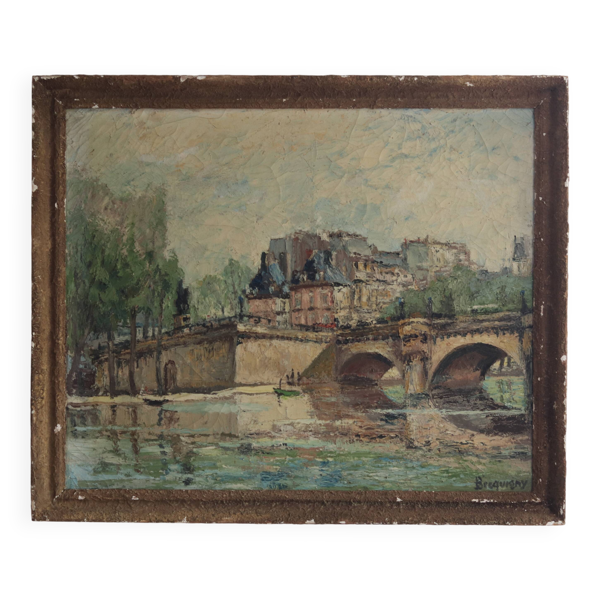 Landscape of Paris, Oil on canvas signed Brequigny, mid-20th century