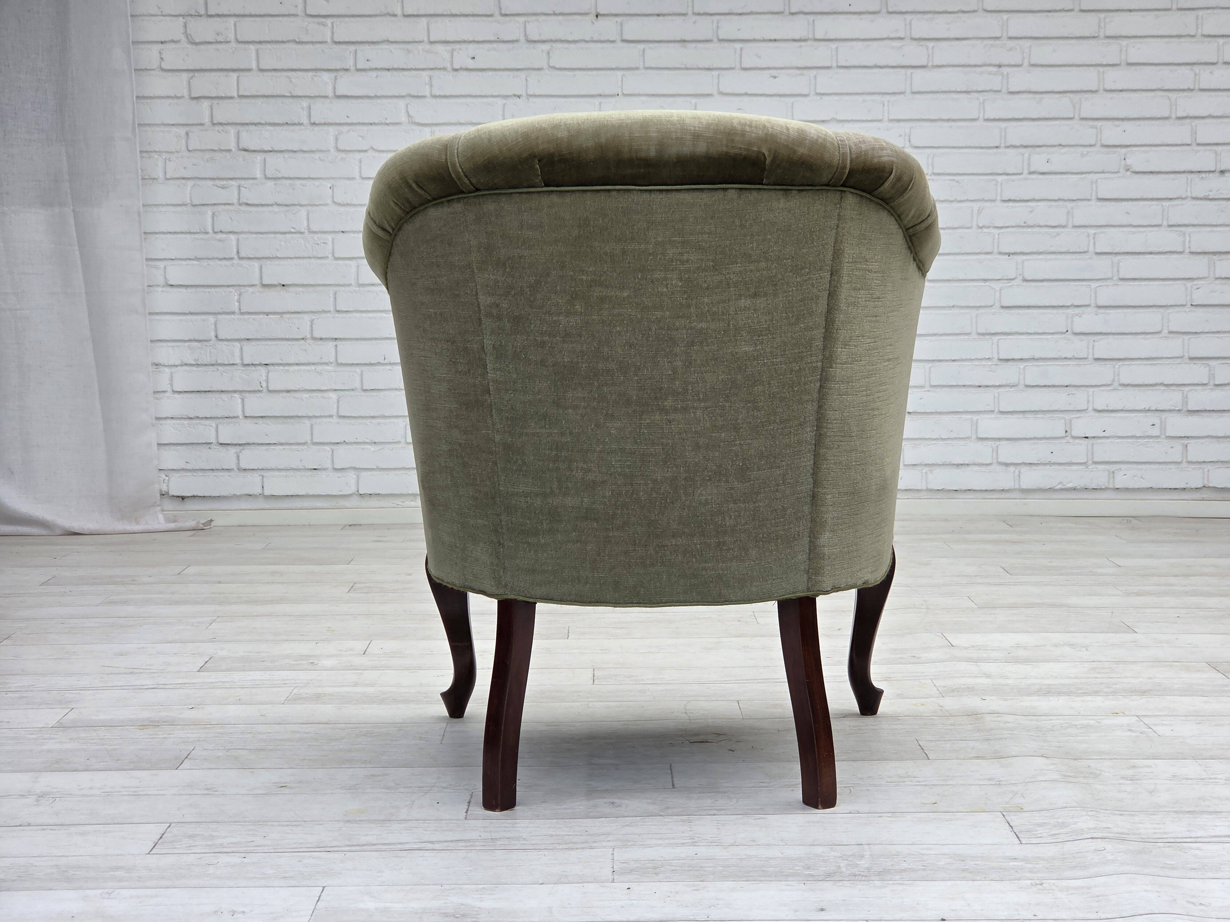 1960s, Danish armchair, green furniture velour, beech wood legs.
