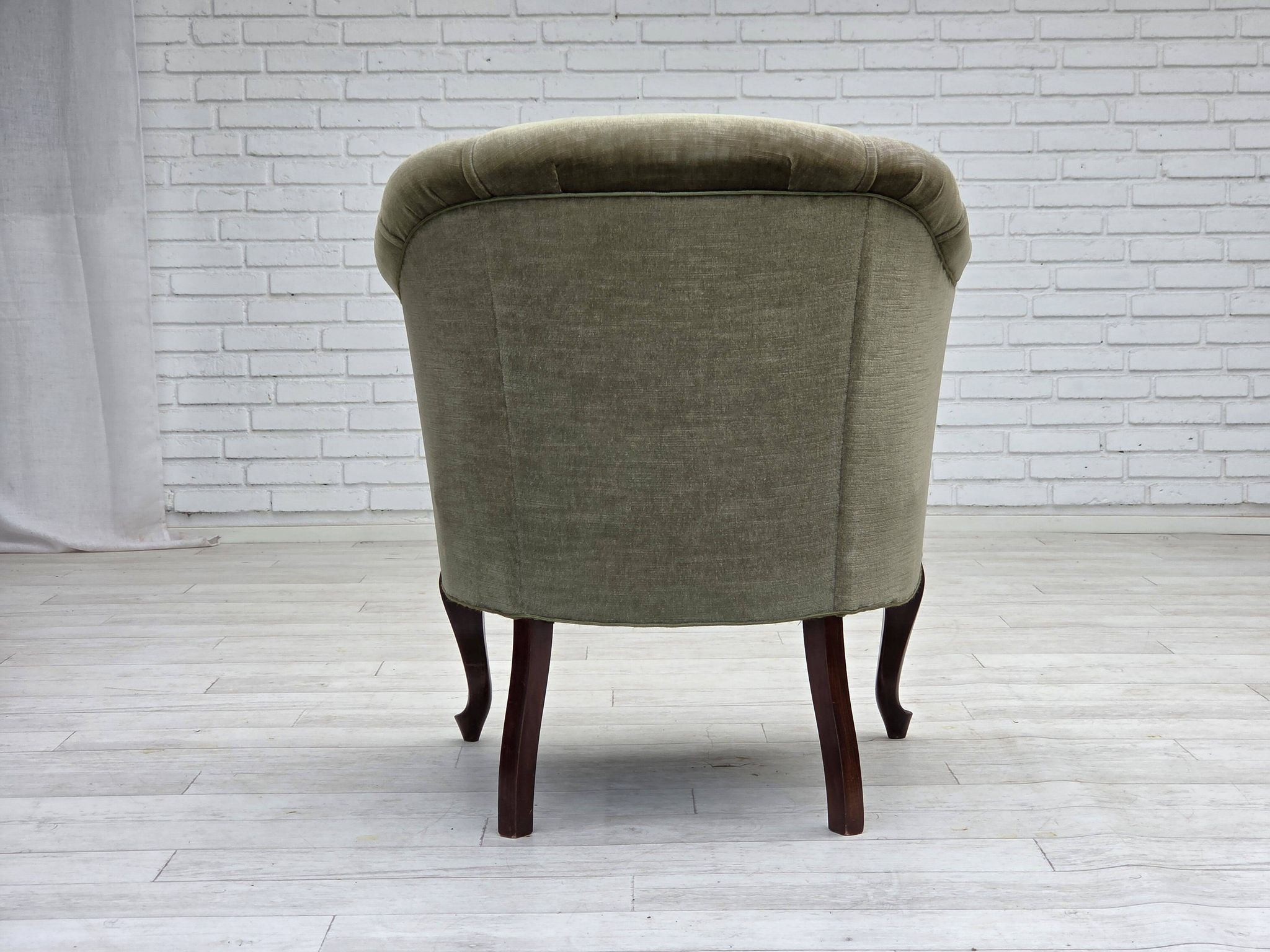 1960s, Danish armchair, green furniture velour, beech wood legs.