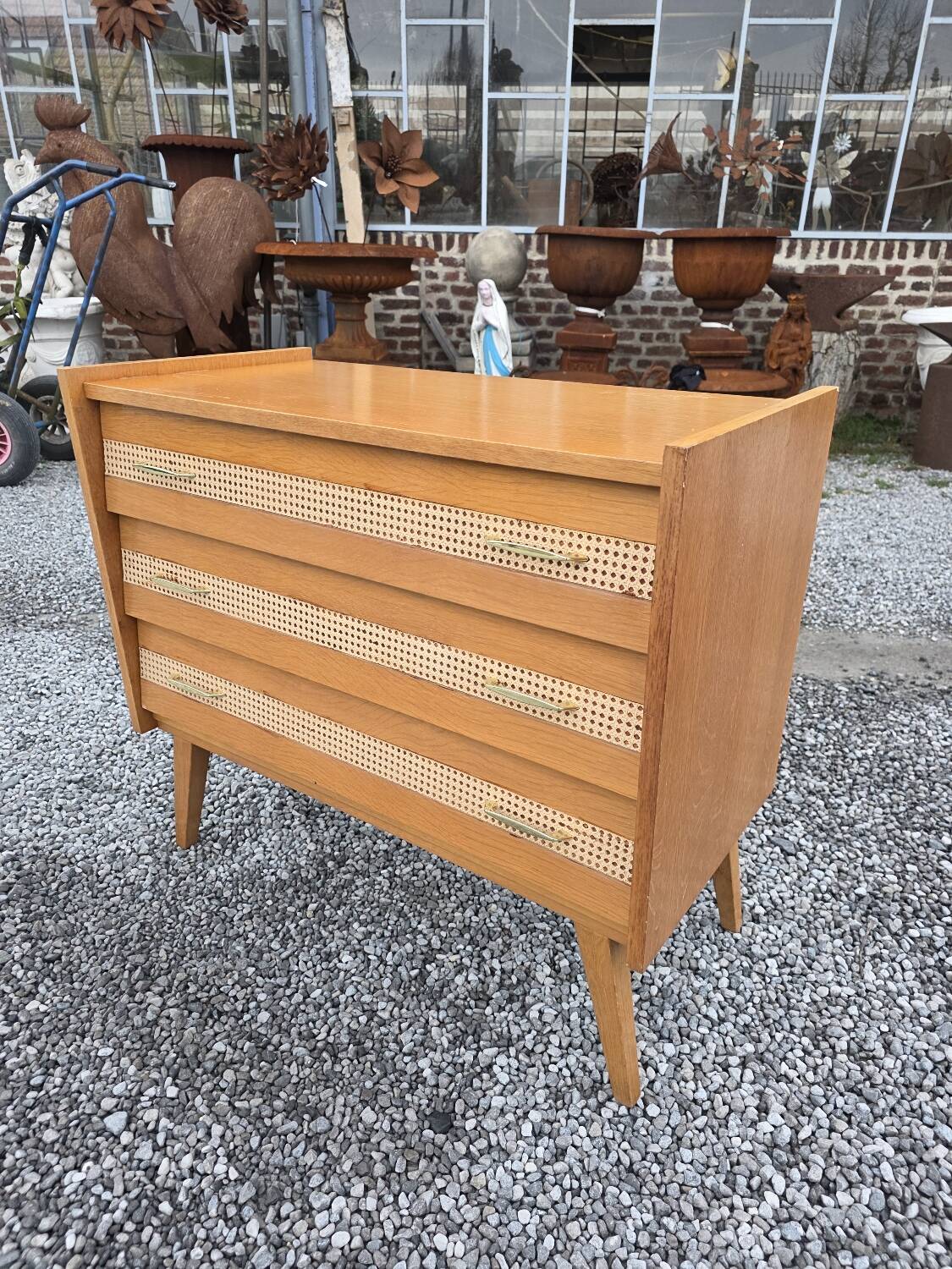 Commode vintage en chêne et cannage des années 60