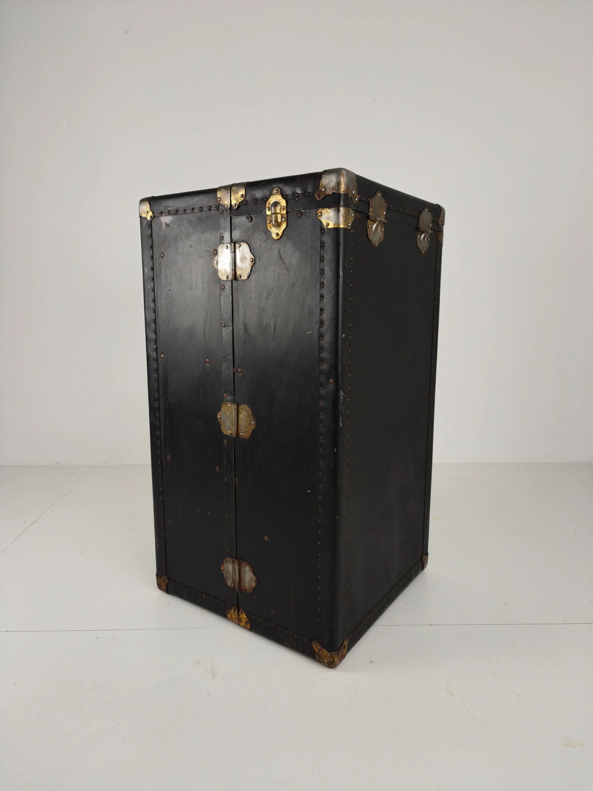 Antique 1924 Belber black leather steamer trunk - large travel wardrobe