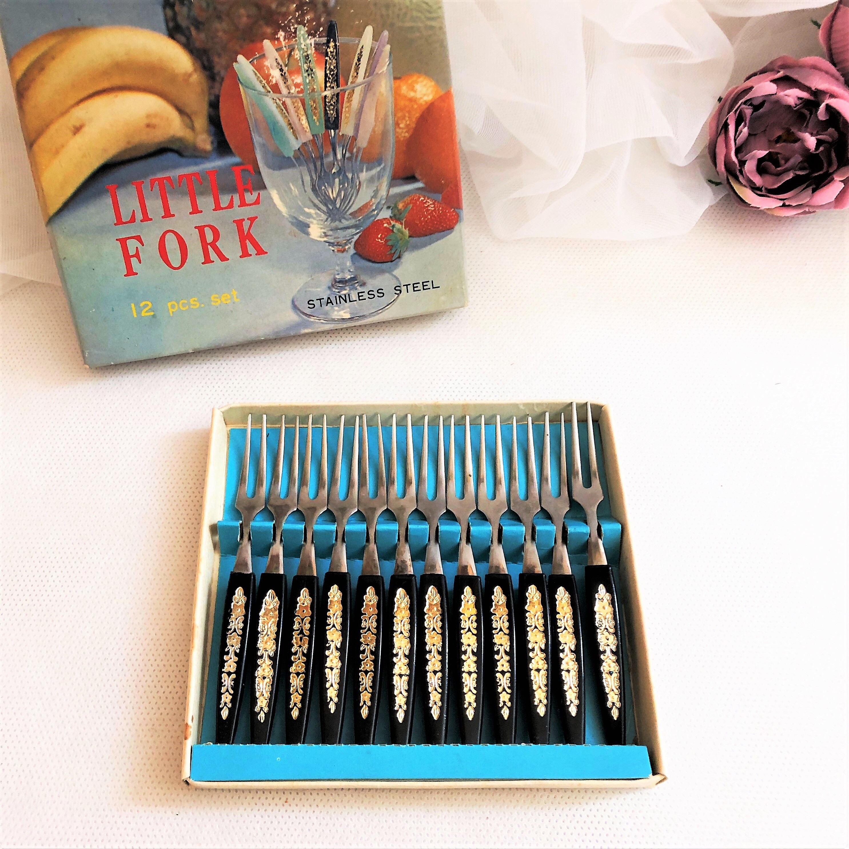 Box of 12 vintage fruit cocktail snail forks