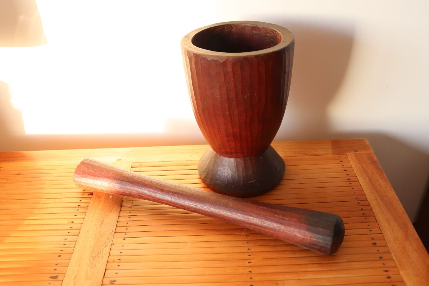 Antique brutalist solid wood mortar
