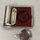 2211869 Vintage, necessary smoker ashtray silver metal red wood circa 1940