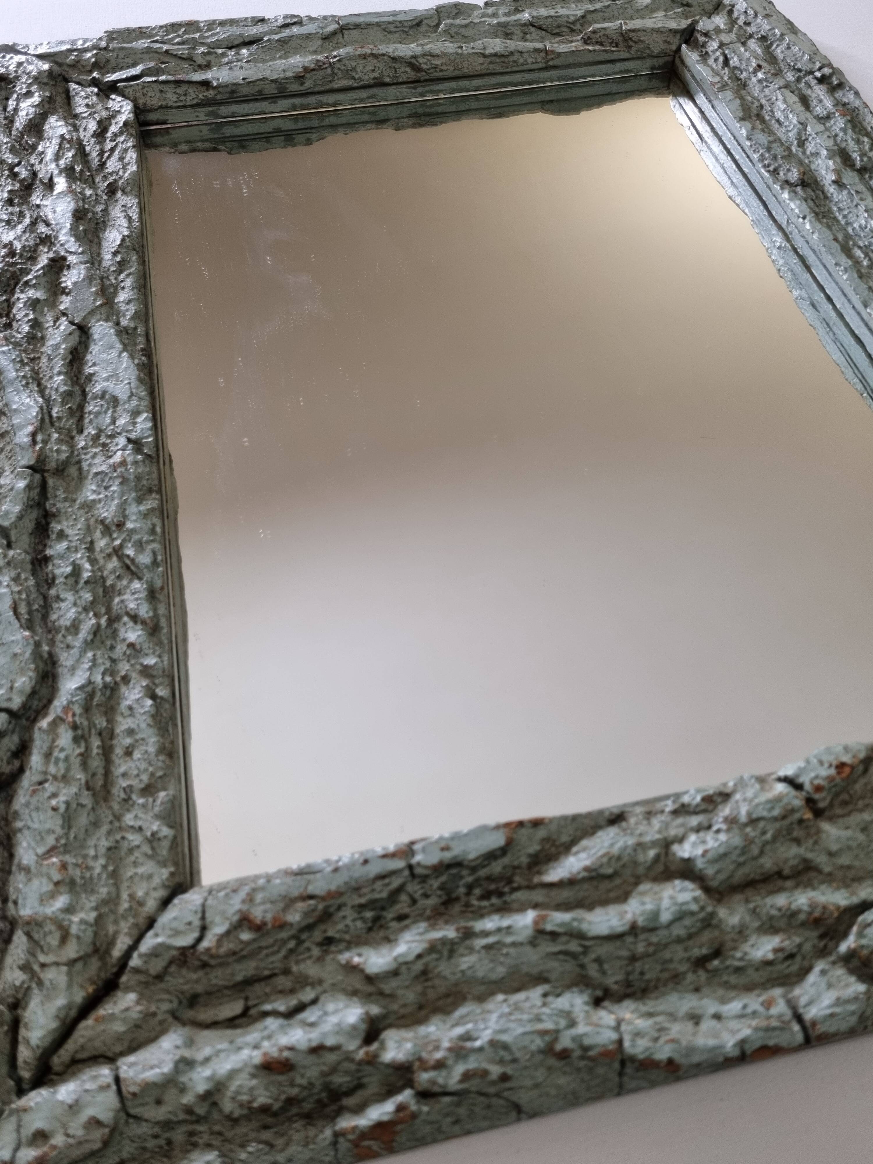 Old mirror, wooden bark frame with rustic patina, 65 cm by 50 cm