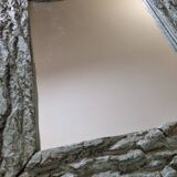 Old mirror, wooden bark frame with rustic patina, 65 cm by 50 cm