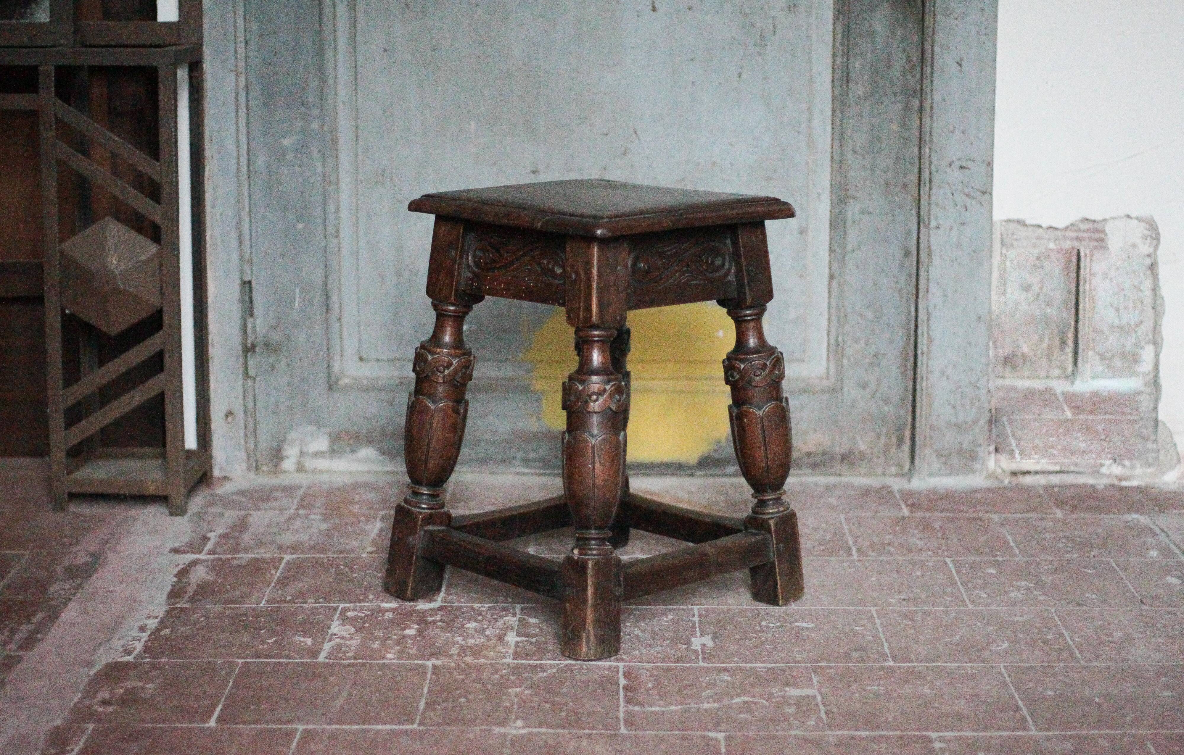 Antique wooden stool in Elizabethan English style, occasional stool