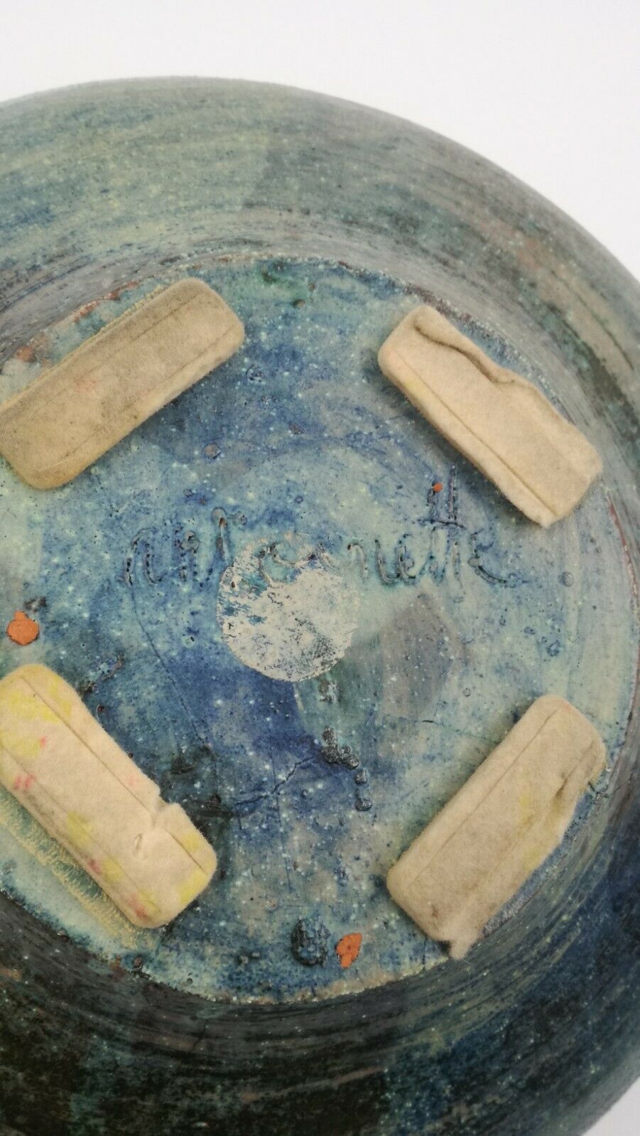 Large dish ceramic salad bowl blue color signed