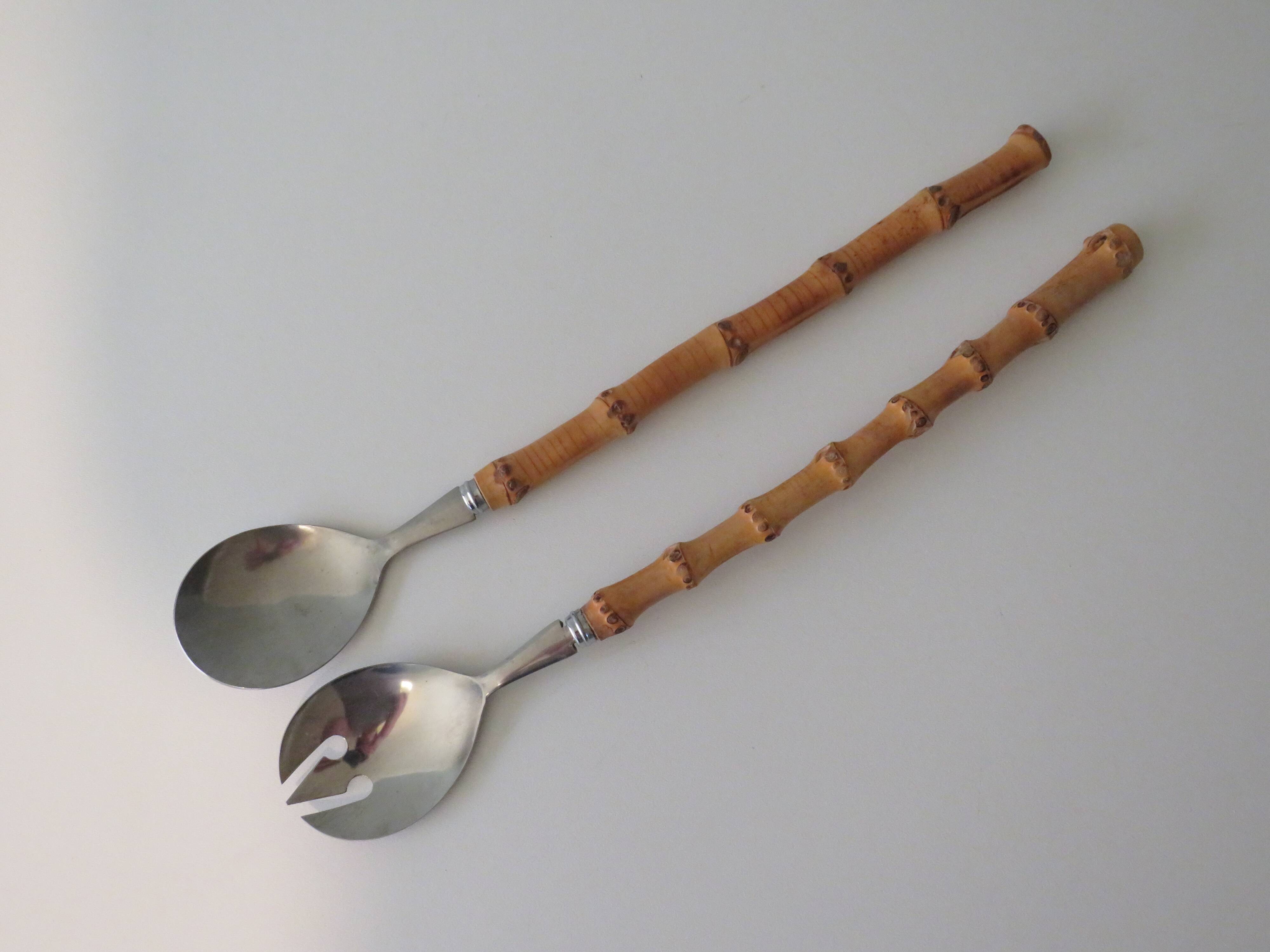 Bamboo and stainless steel salad cutlery, 1960 Japan