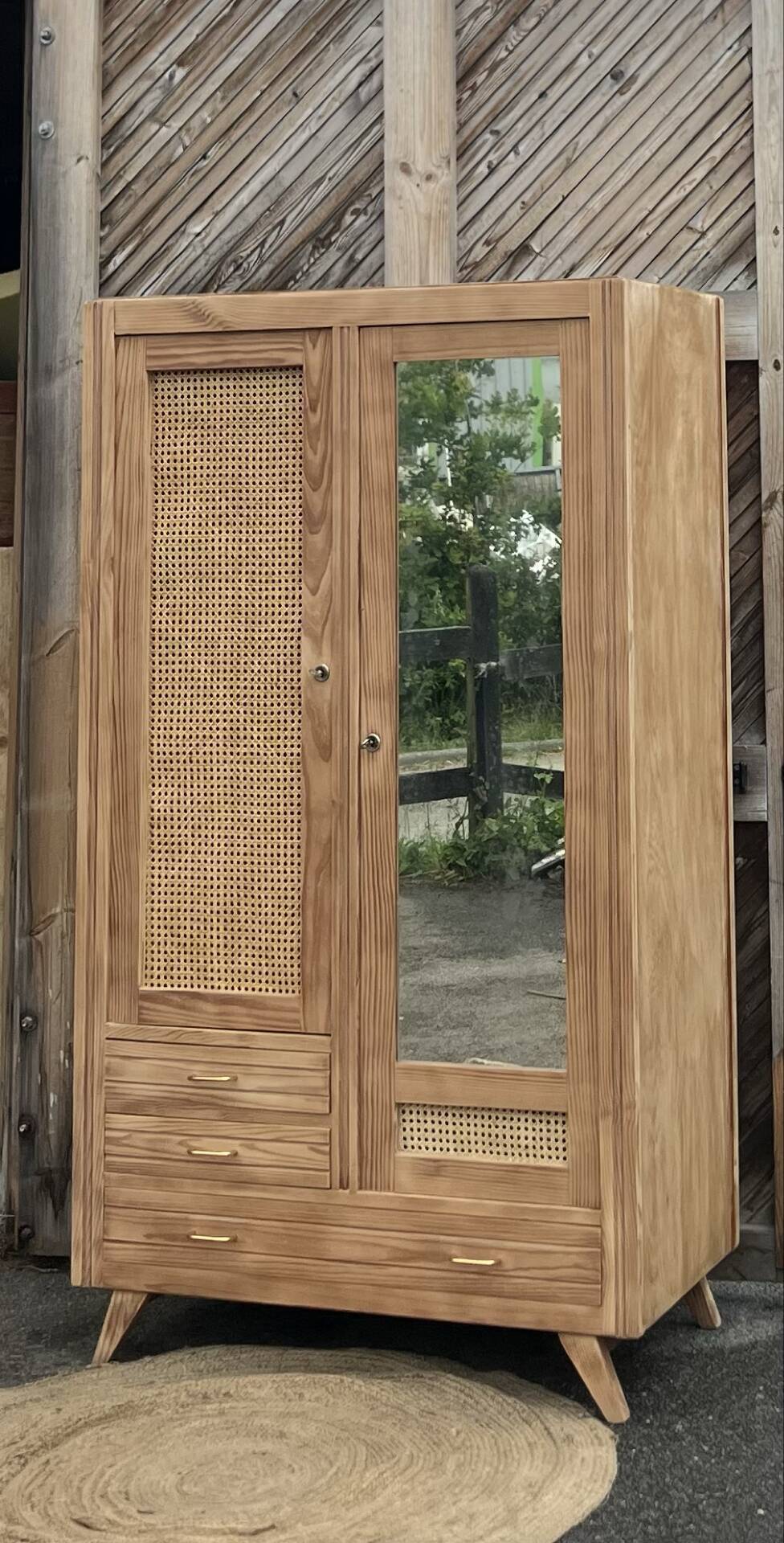Vintage antique wardrobe in raw wood and cane: hanging space + shelves