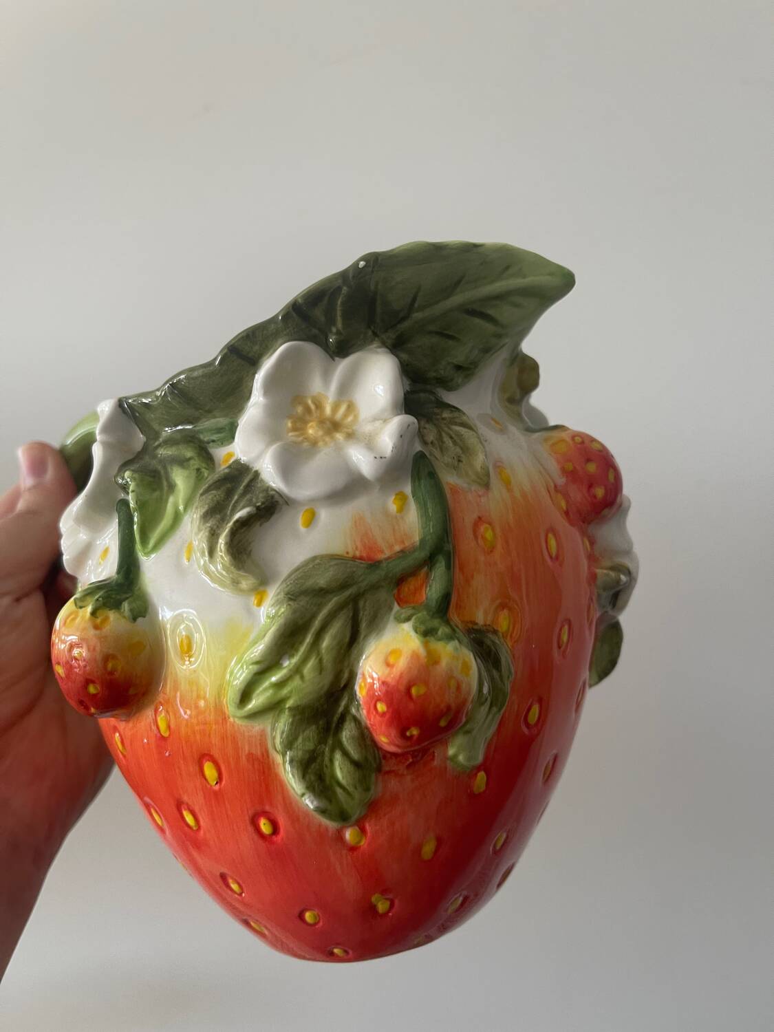 Strawberry shaped pitcher with vintage flowers ceramic pitcher in shape