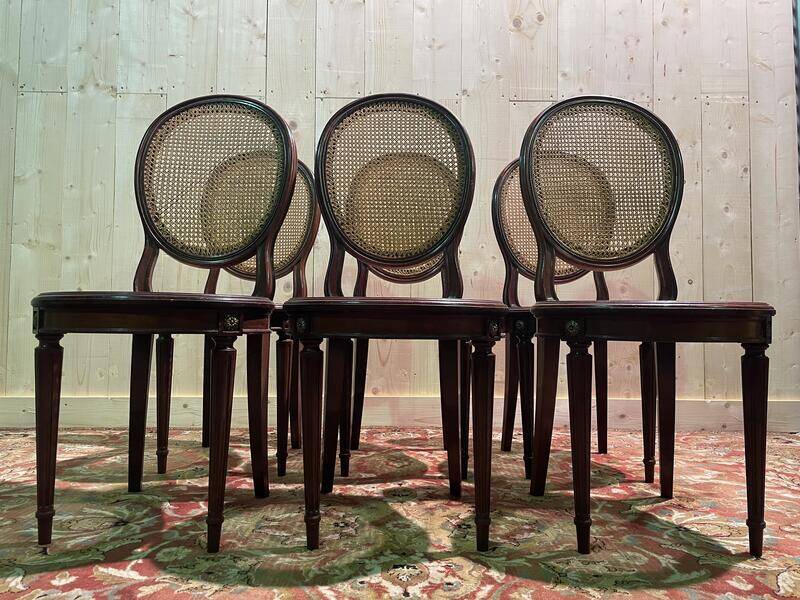 Set of 6 Louis XVI style medallion chairs in mahogany and cane
