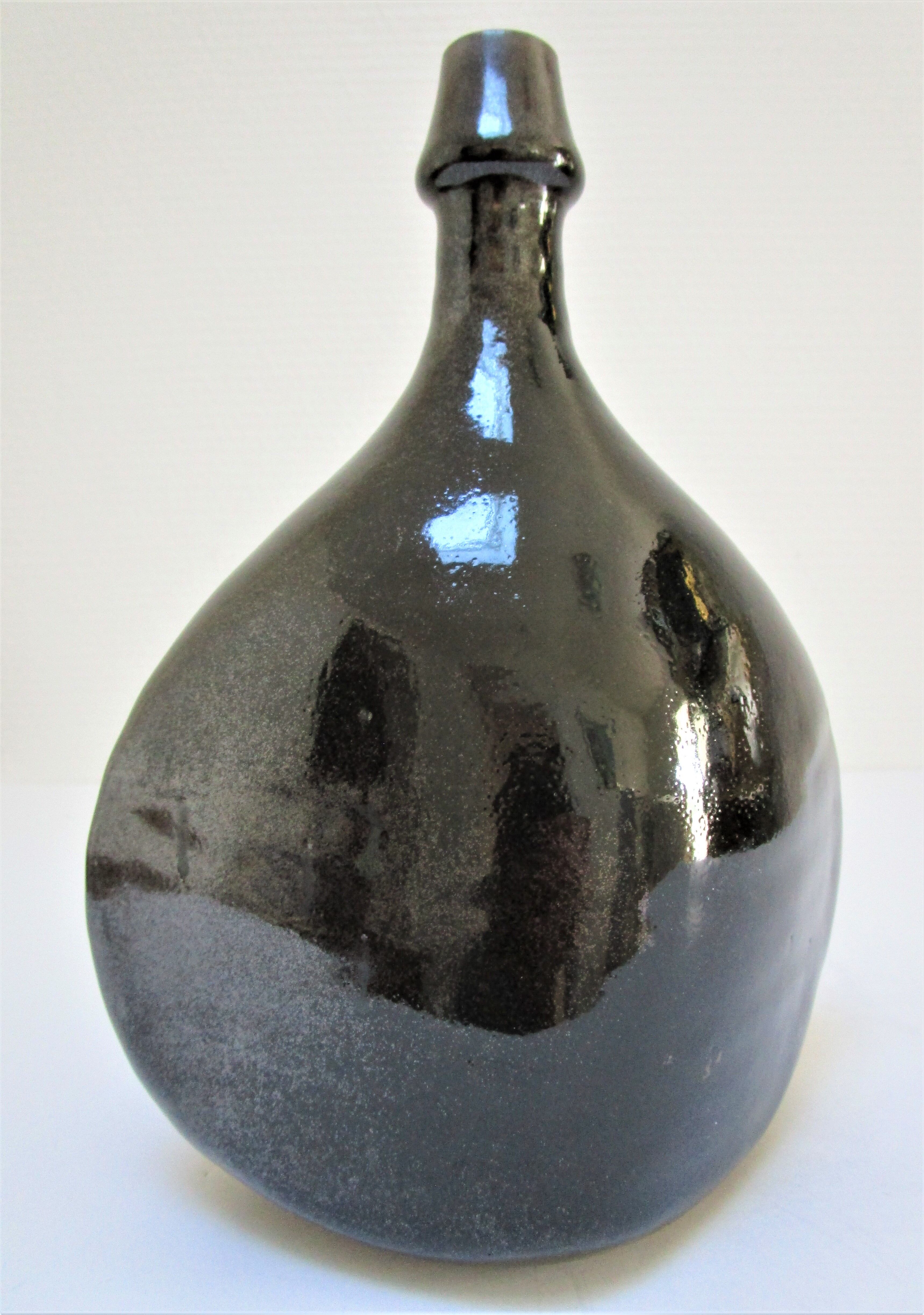 Vase bottle black enamelled stoneware by Roland Zobel