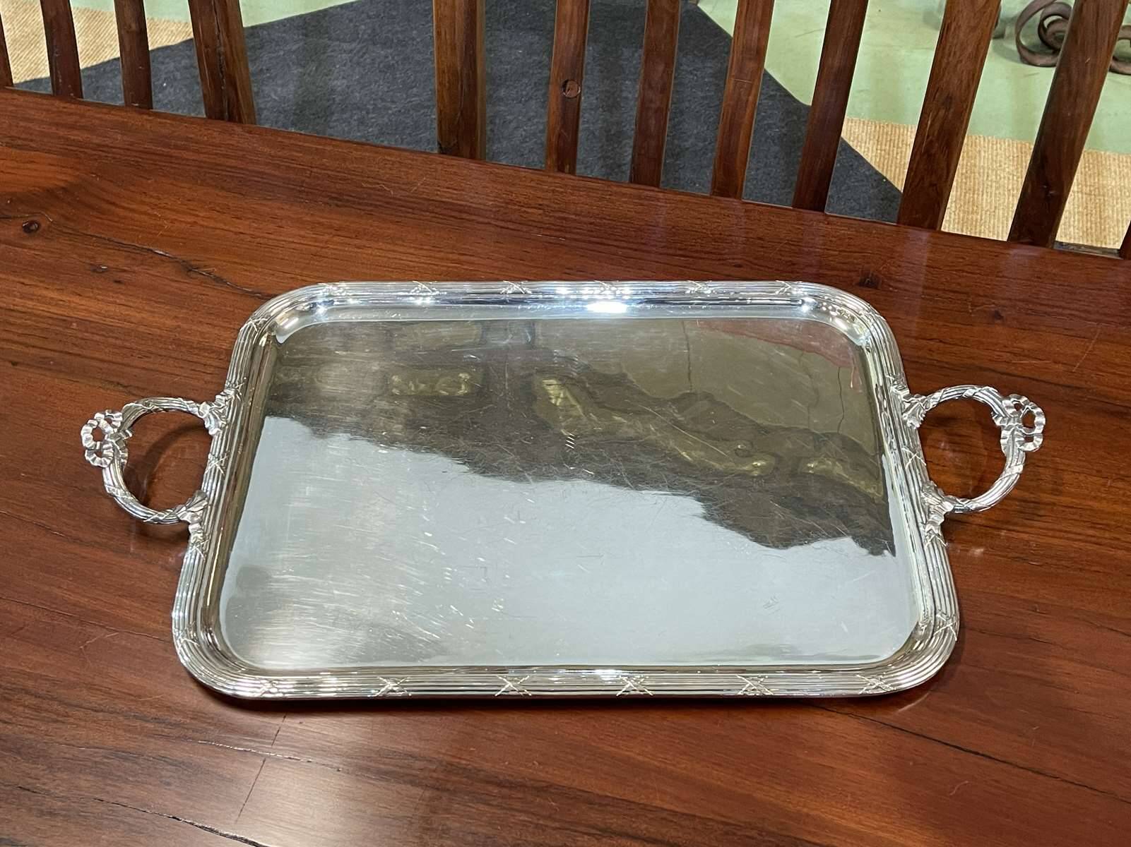 Rectangular tray with LOUIS XVI style handles in silver-plated metal, work from the 1950s