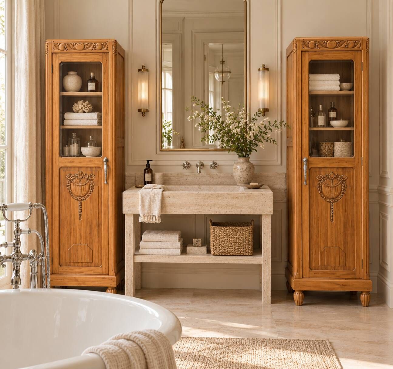 Rare pair of Art Deco glass columns in solid walnut – renovated