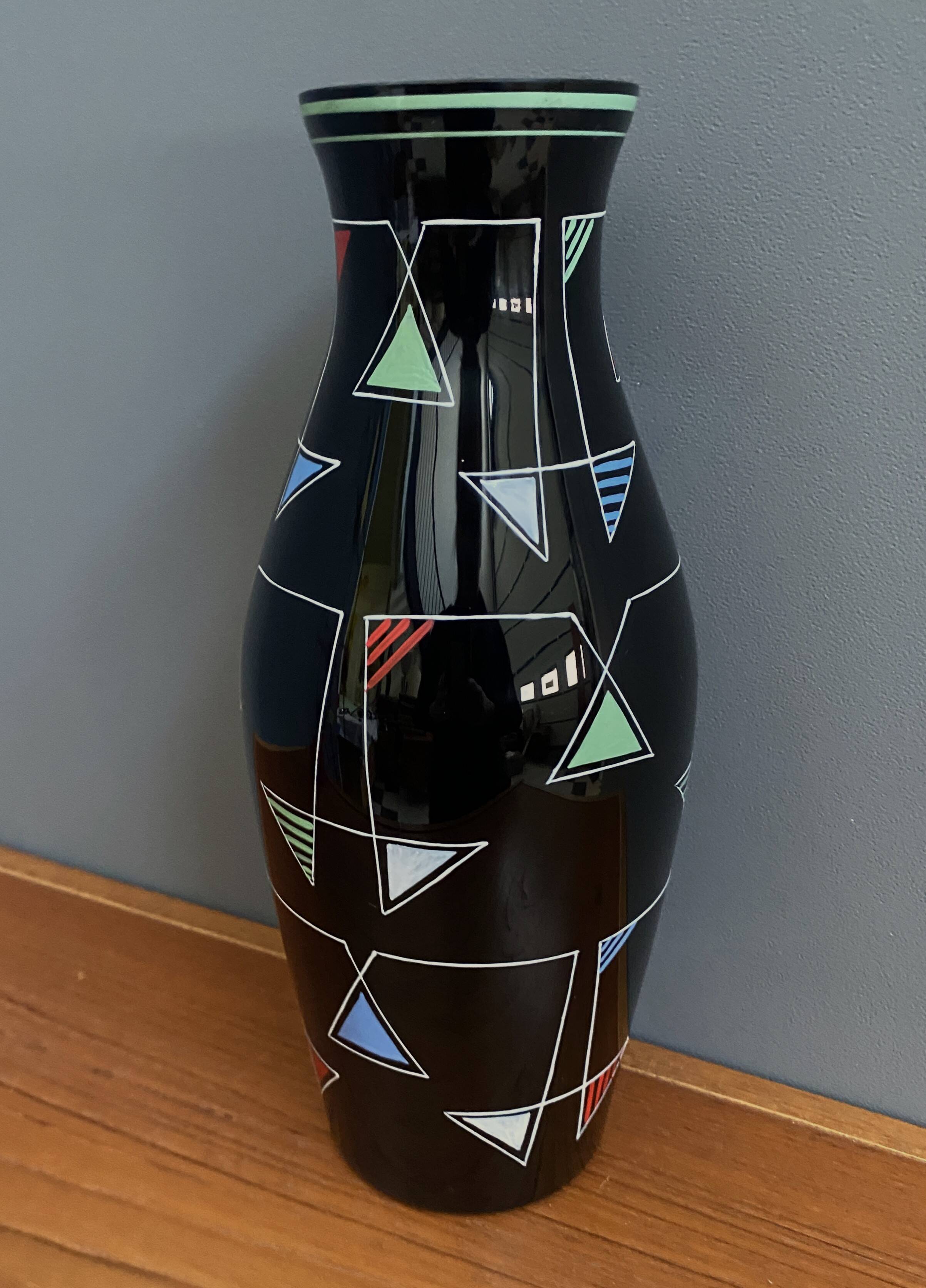 Black Glass vase with enamel decoration by VEB Wasungen 1970s