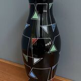 Black Glass vase with enamel decoration by VEB Wasungen 1970s