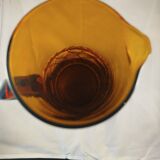 Carafe and 5 glasses set, amber glass and woven wicker, bohemian chic