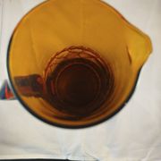Carafe and 5 glasses set, amber glass and woven wicker, bohemian chic