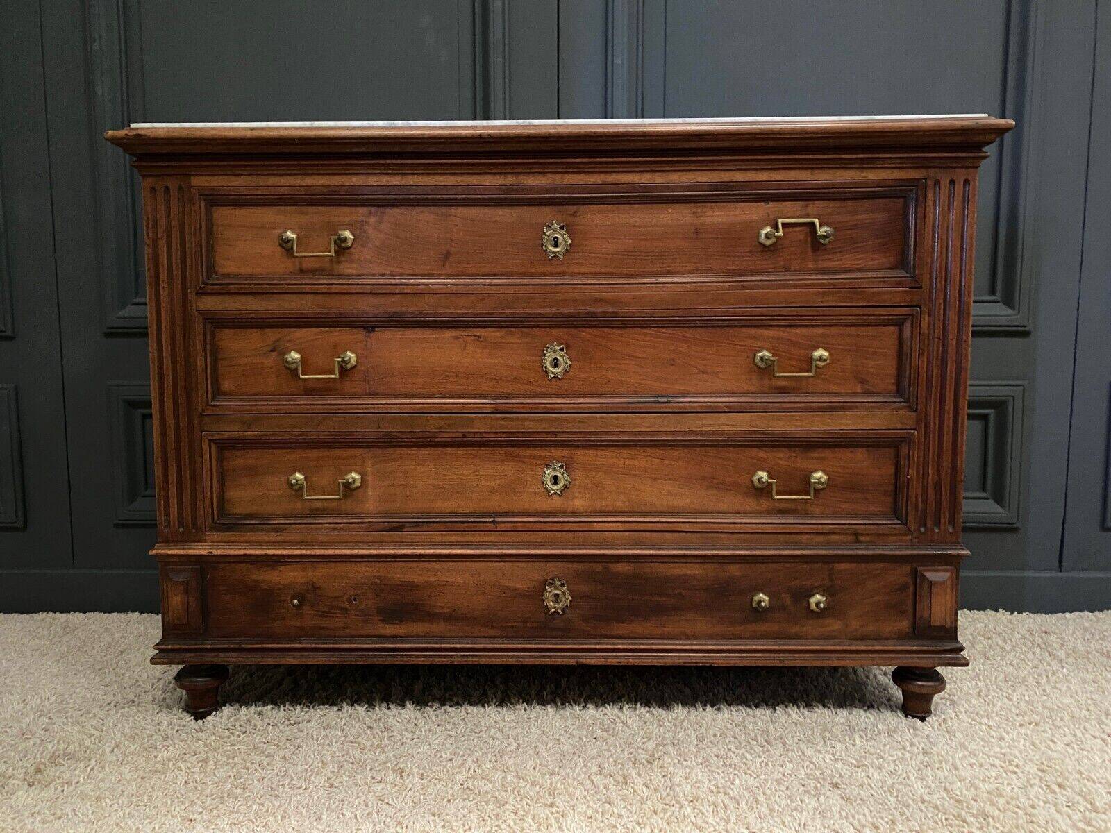 19th century Louis XVI style chest of drawers, white marble, fluted 4 drawers