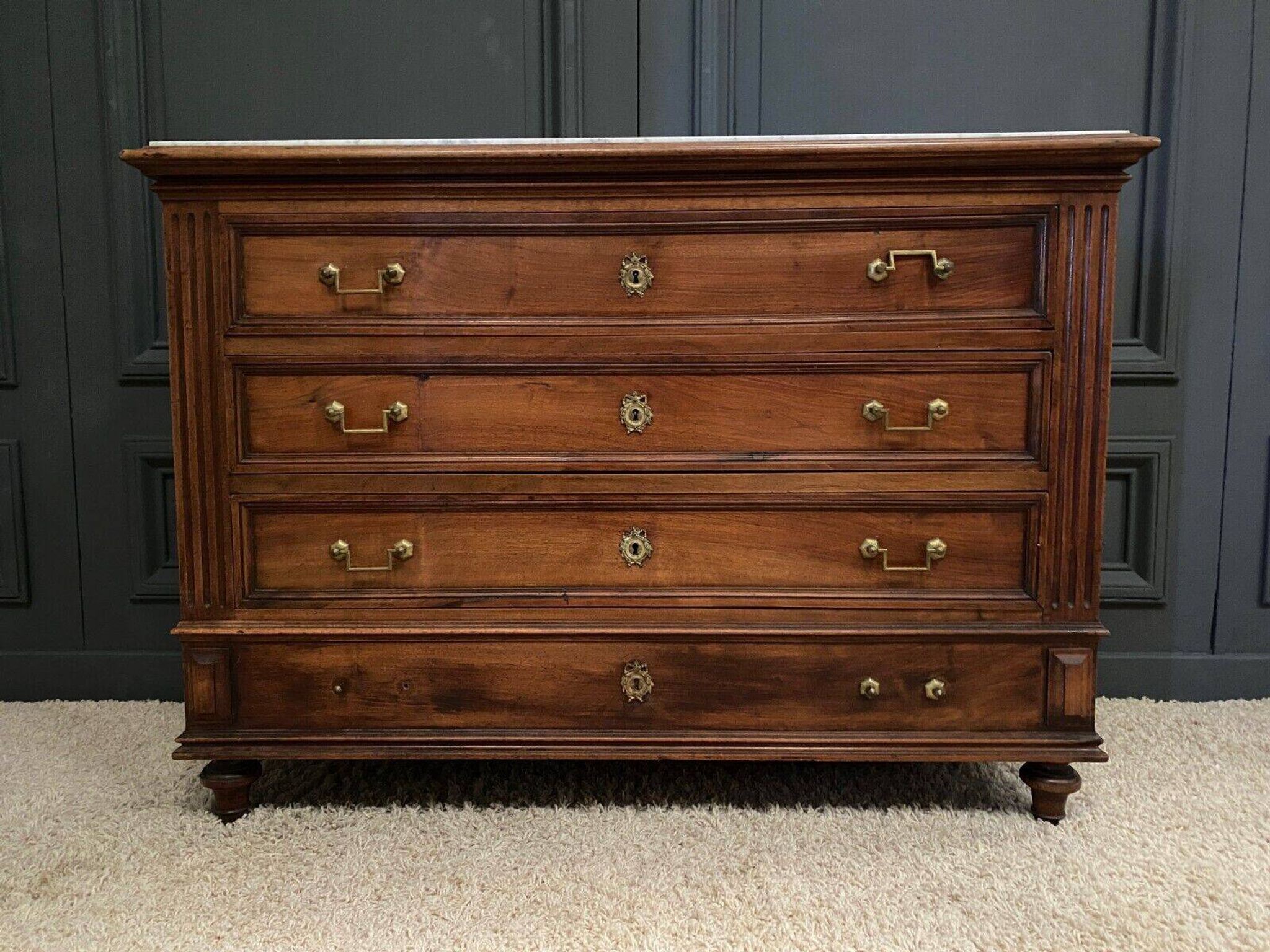 19th century Louis XVI style chest of drawers, white marble, fluted 4 drawers