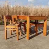 Set vintage pine dining table with 4 rush seat chairs Dutch design