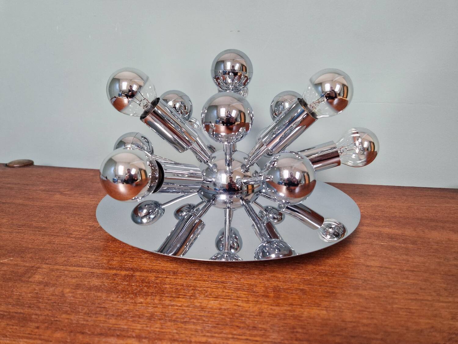 Sputnik ceiling light in chrome metal, Space Age style, 70s