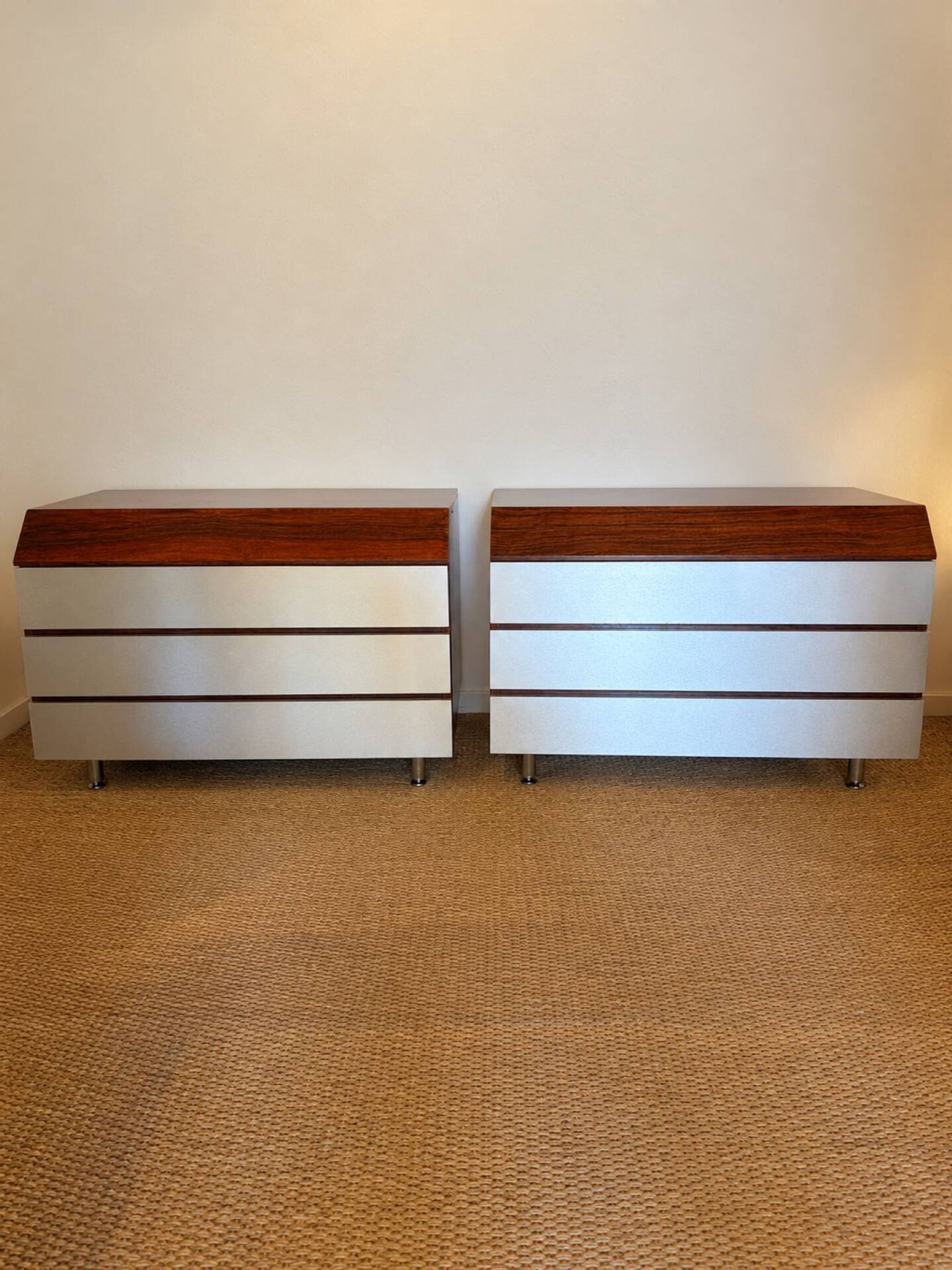 Pair of vintage rosewood and brushed aluminium chests of drawers