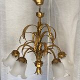 Vintage 1970s golden metal palm chandelier in the style of JANSEN.