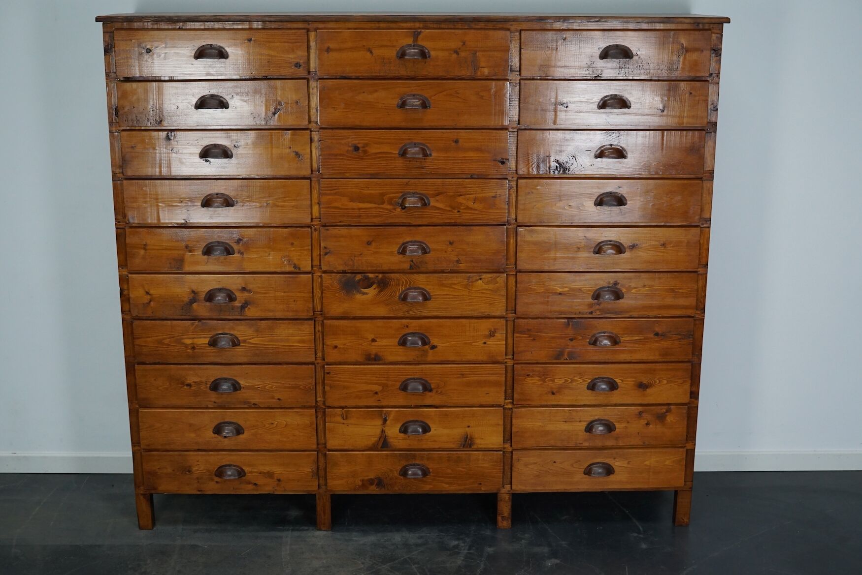 Dutch pine industrial apothecary cabinet, 1950s