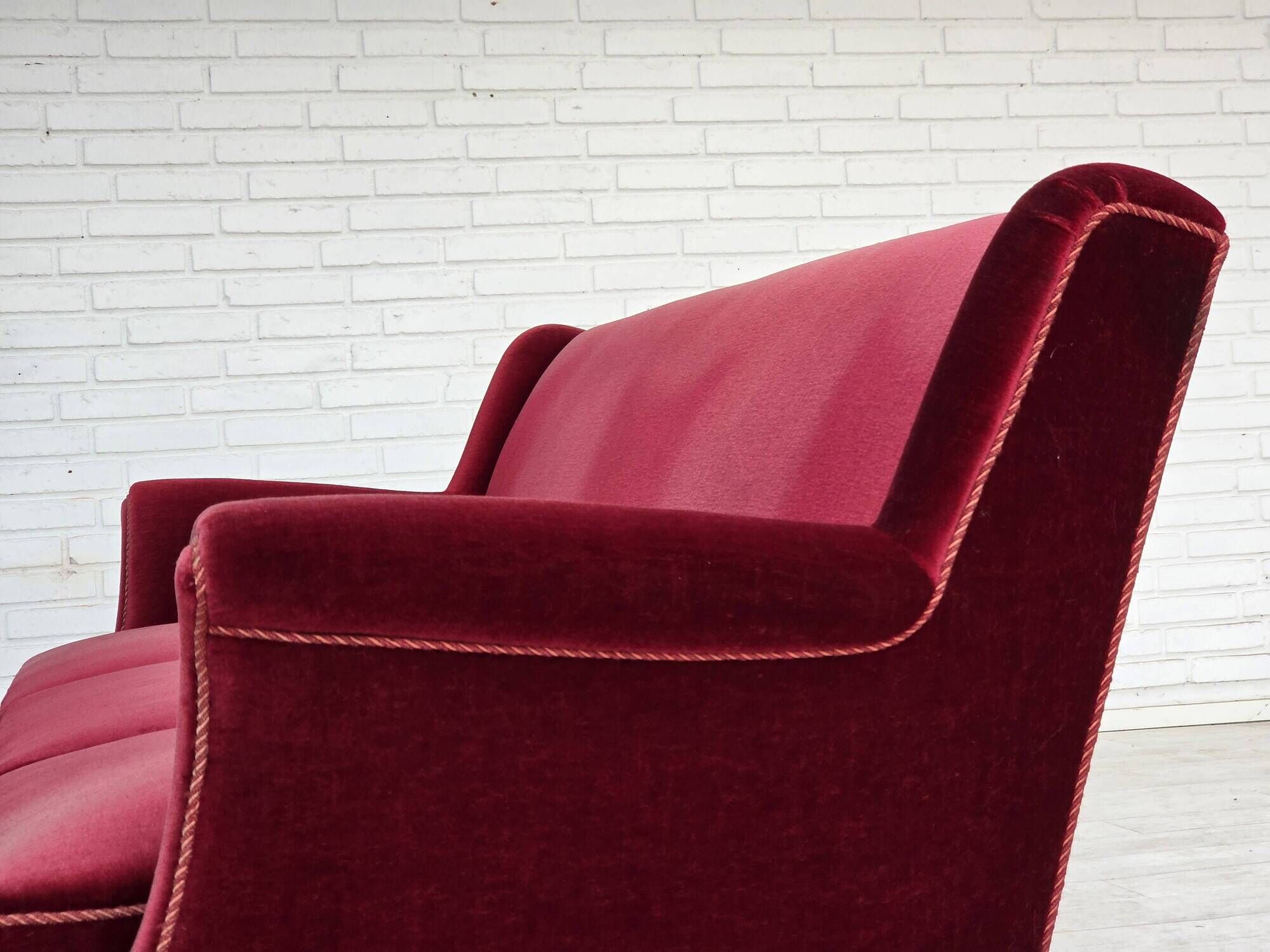 1960s, Danish 3-seater sofa, cherry-red furniture velour, ash wood.