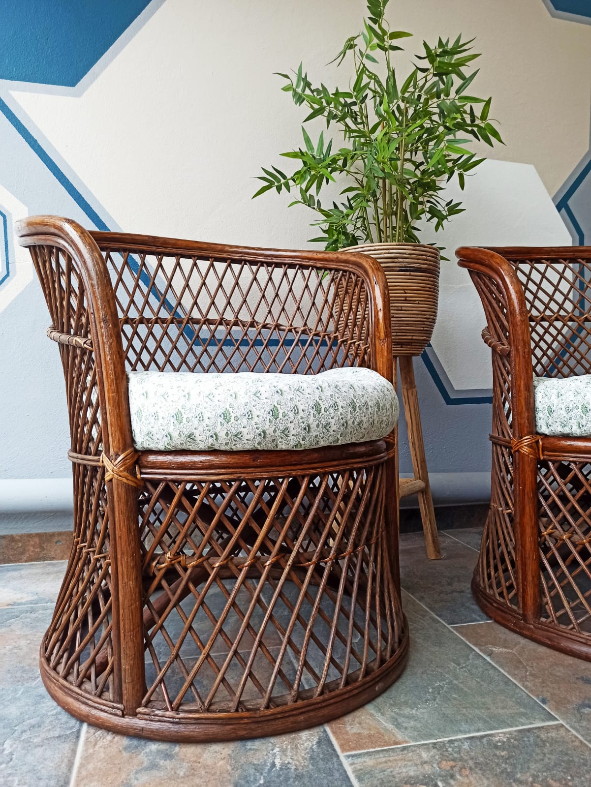 Pair of vintage bamboo rattan armchairs