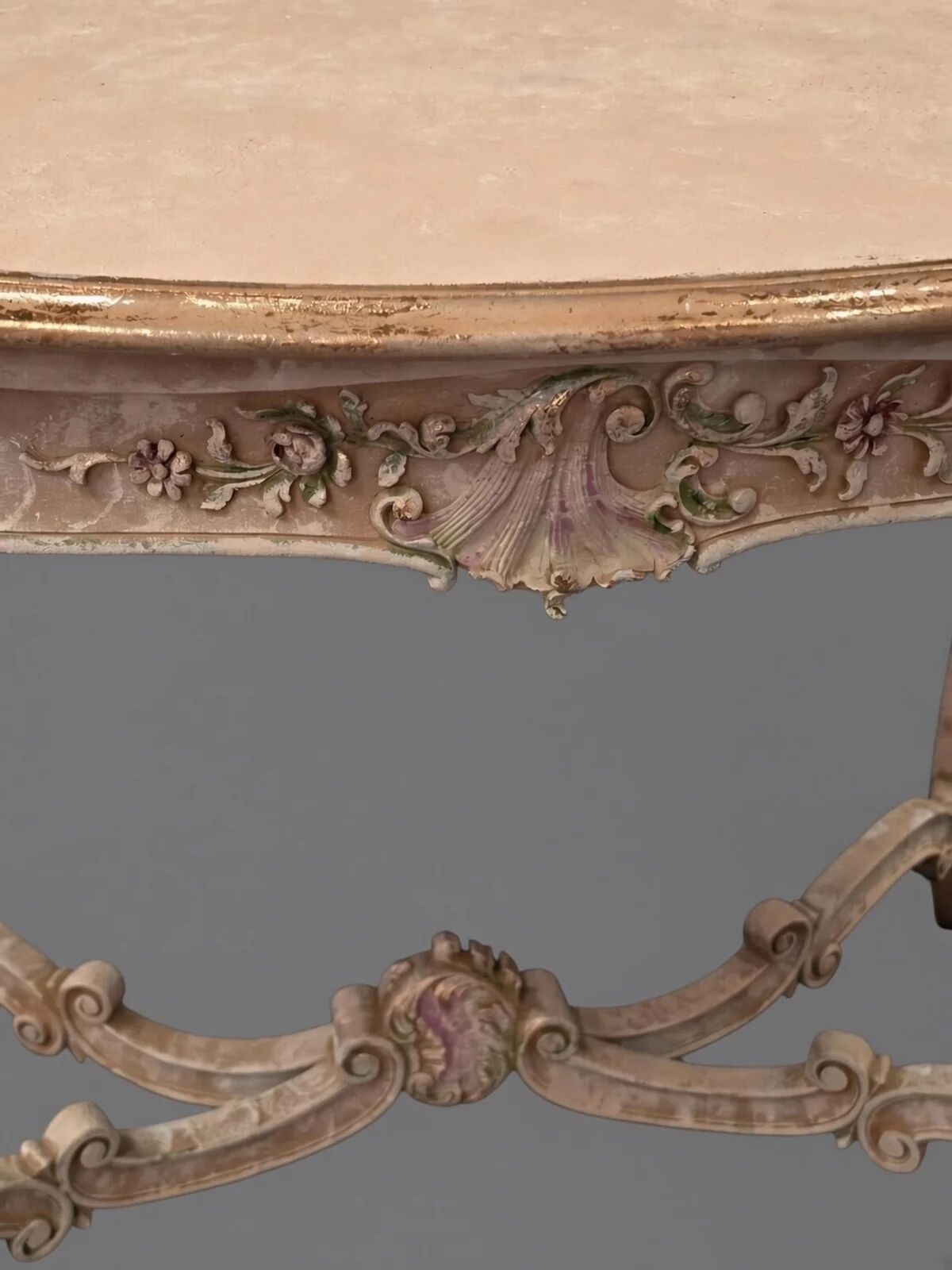 Vintage French provincial painted table | Shabby chic floral console table | Ornate rococo vanity desk with hand-painted roses