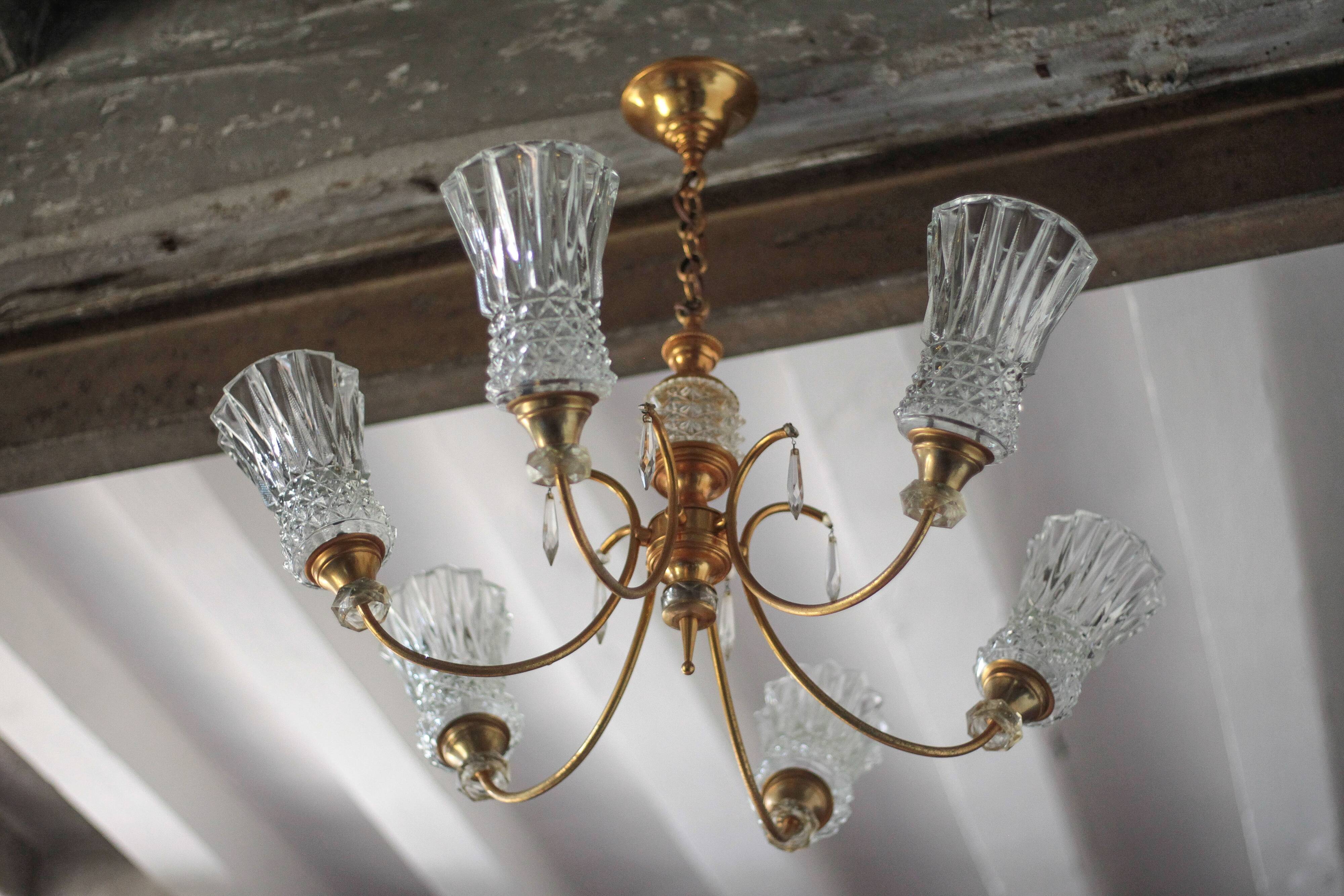 Vintage pendant light, brass pendant light with glass globe, 6-light chandelier