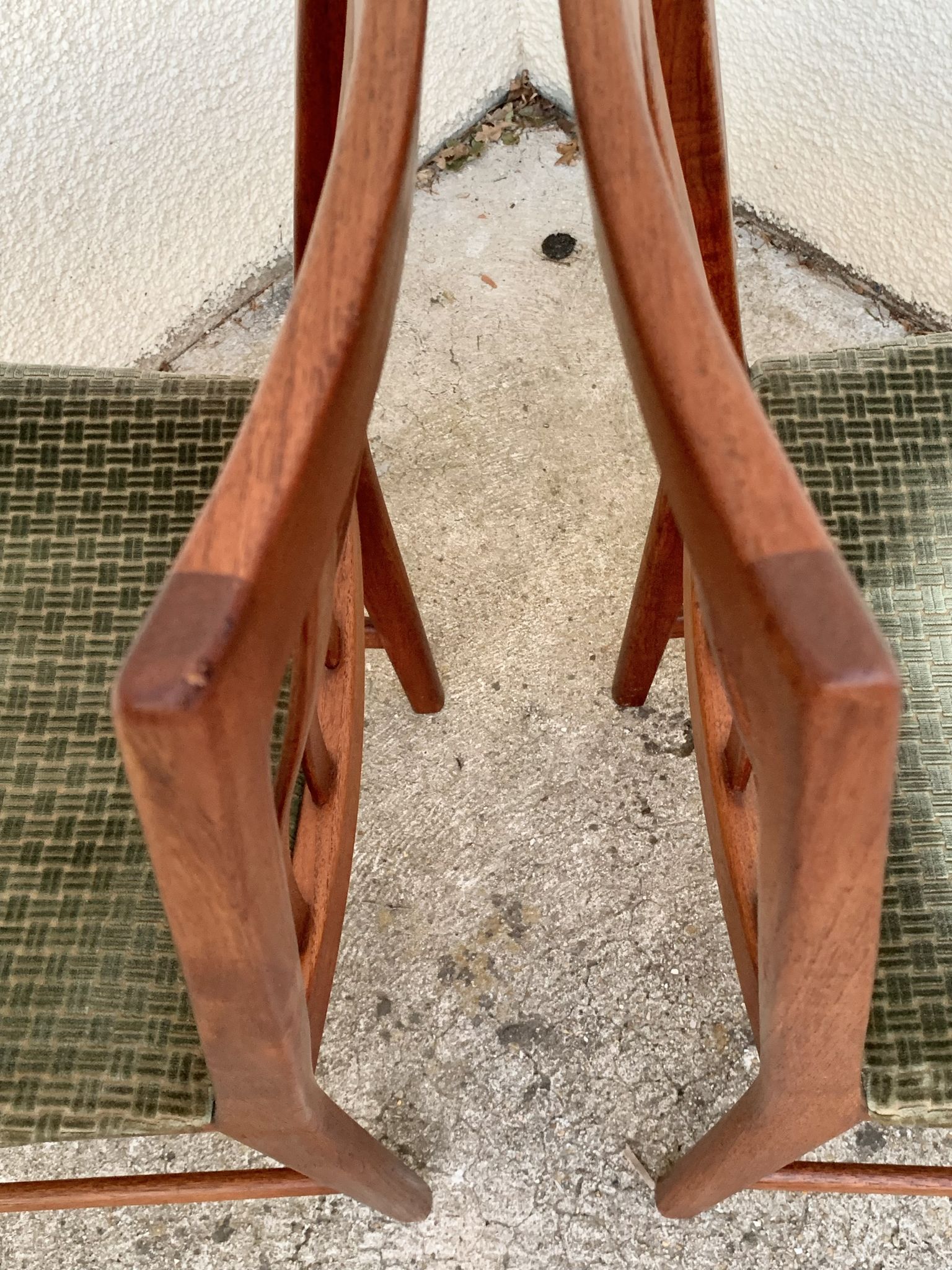 Pair of Scandinavian teak and velvet chairs from the 1960s.