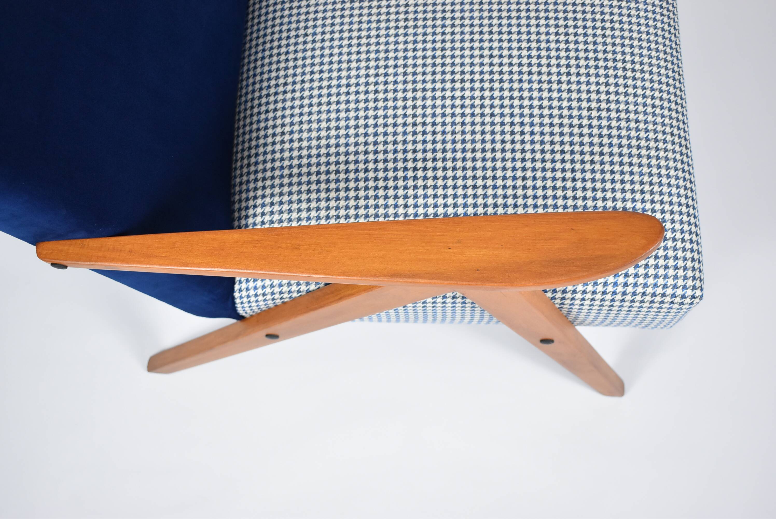 Original armchair compas, pied de poule, blue velvet, 1960s, restored