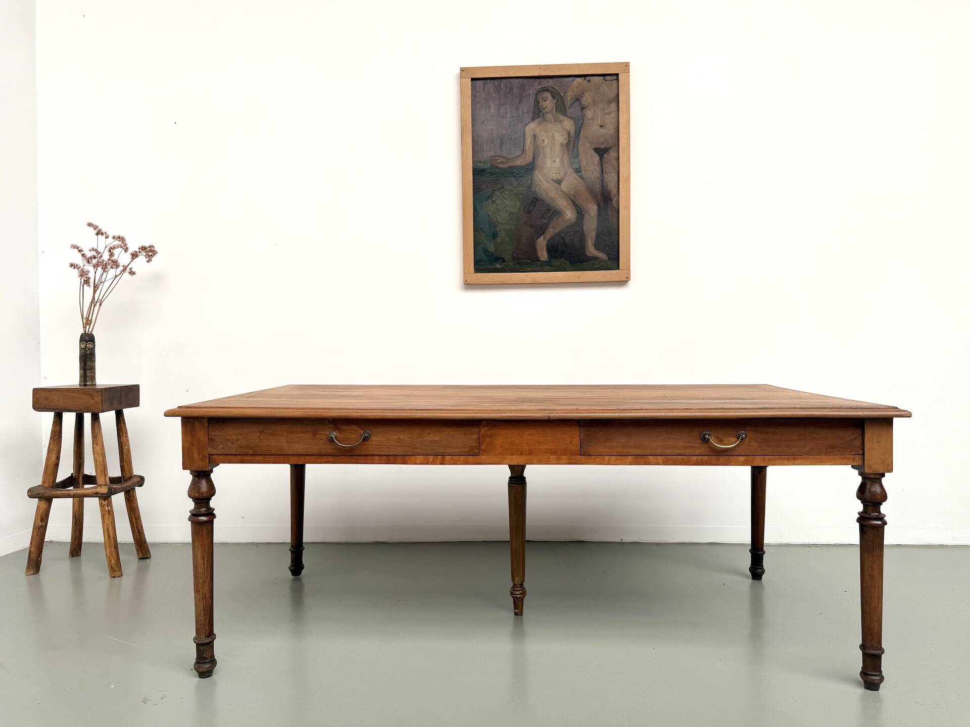 Farm table with 5 feet in beech and 4 drawers, 1950s.