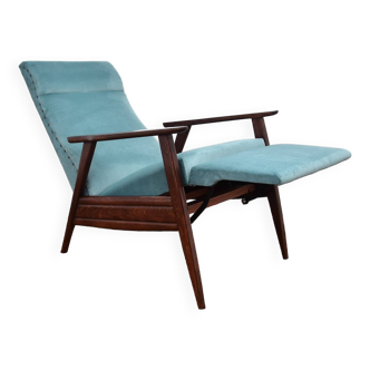 Blue armchair with foldable footrest, 1960s