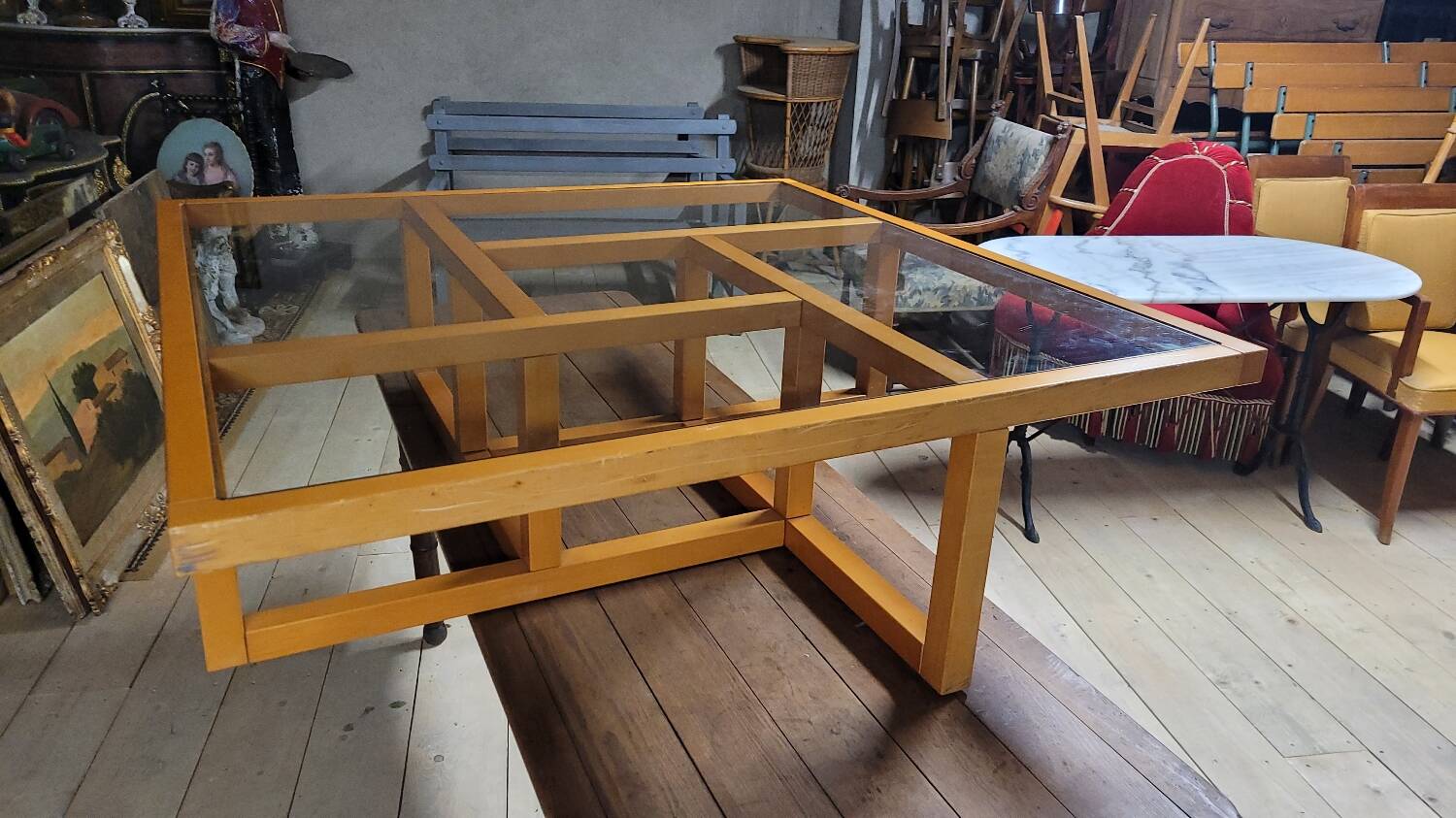 Modernist vintage square coffee table, in wood and old glass