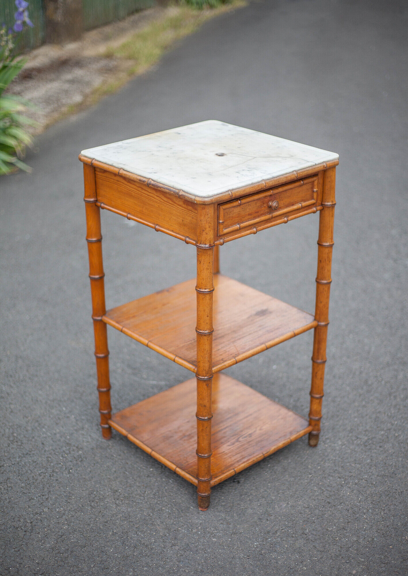 Bedside table wood imitation bamboo and marble colonial style, pedestal table, furniture 1 old drawer