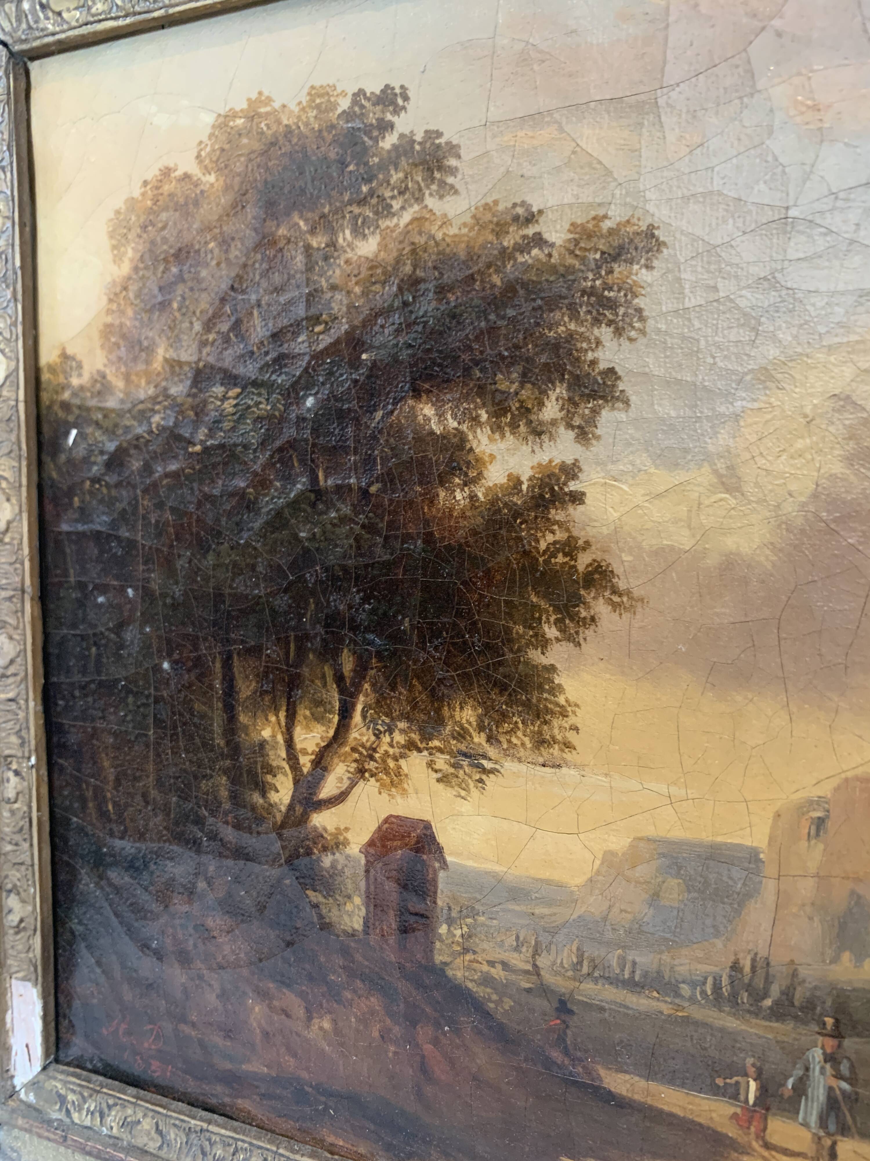 Oil on canvas "Animated landscape" wooden frame and gilded stucco 19th century