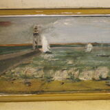 Tableau ancien avec son encadrement, signé jcc,  scène portuaire avec phare