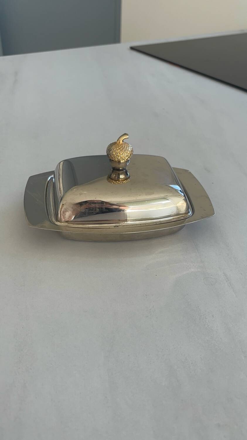 Vintage silver-plated butter dish with golden hazelnut - retro elegance