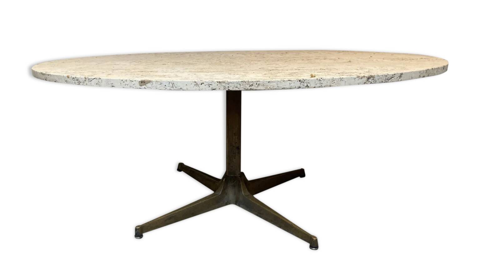 Oval coffee table in the style of Florence Knoll, marble/travertine top, piece.