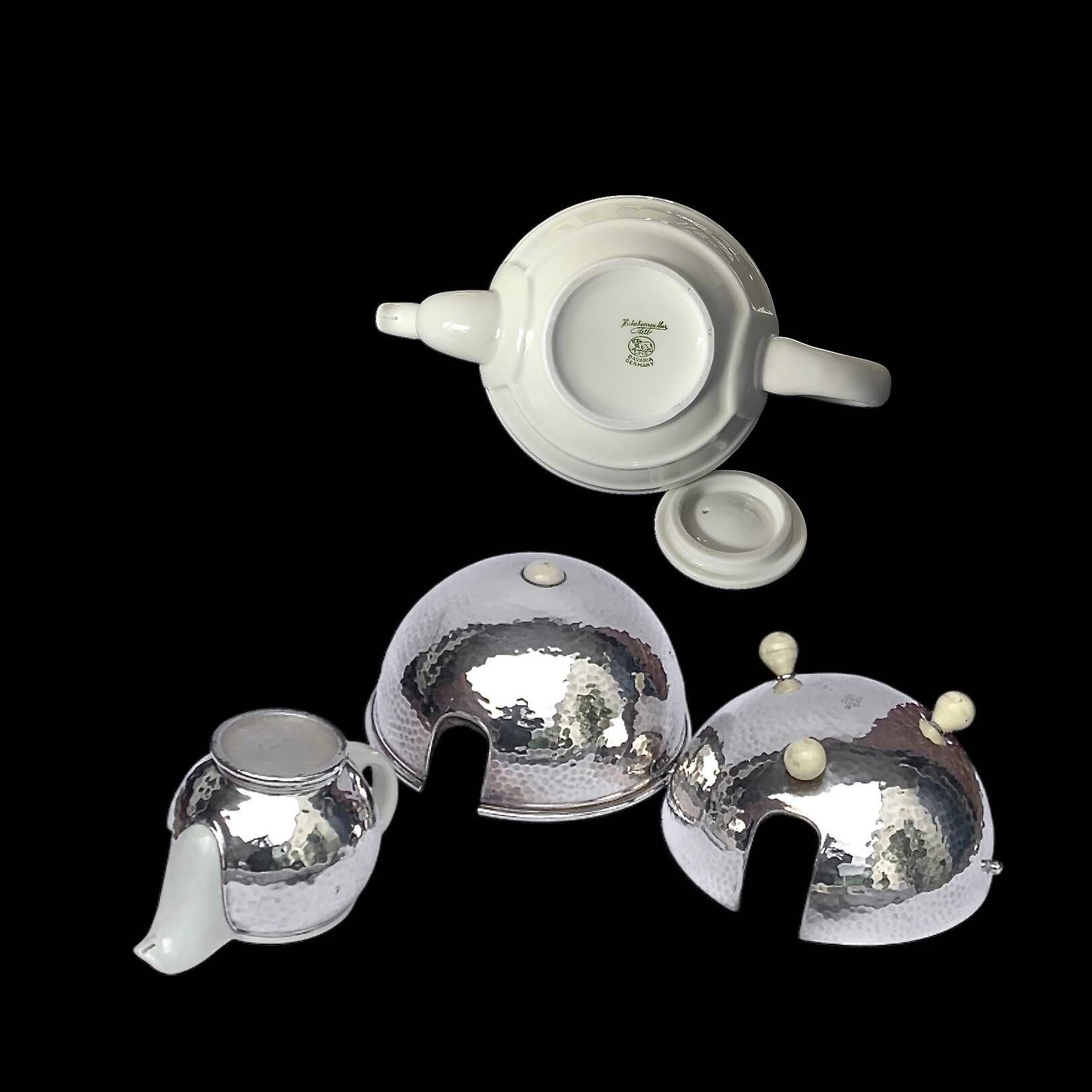 Wmf art deco teapot and matching milk jug - porcelain and silver-plated metal